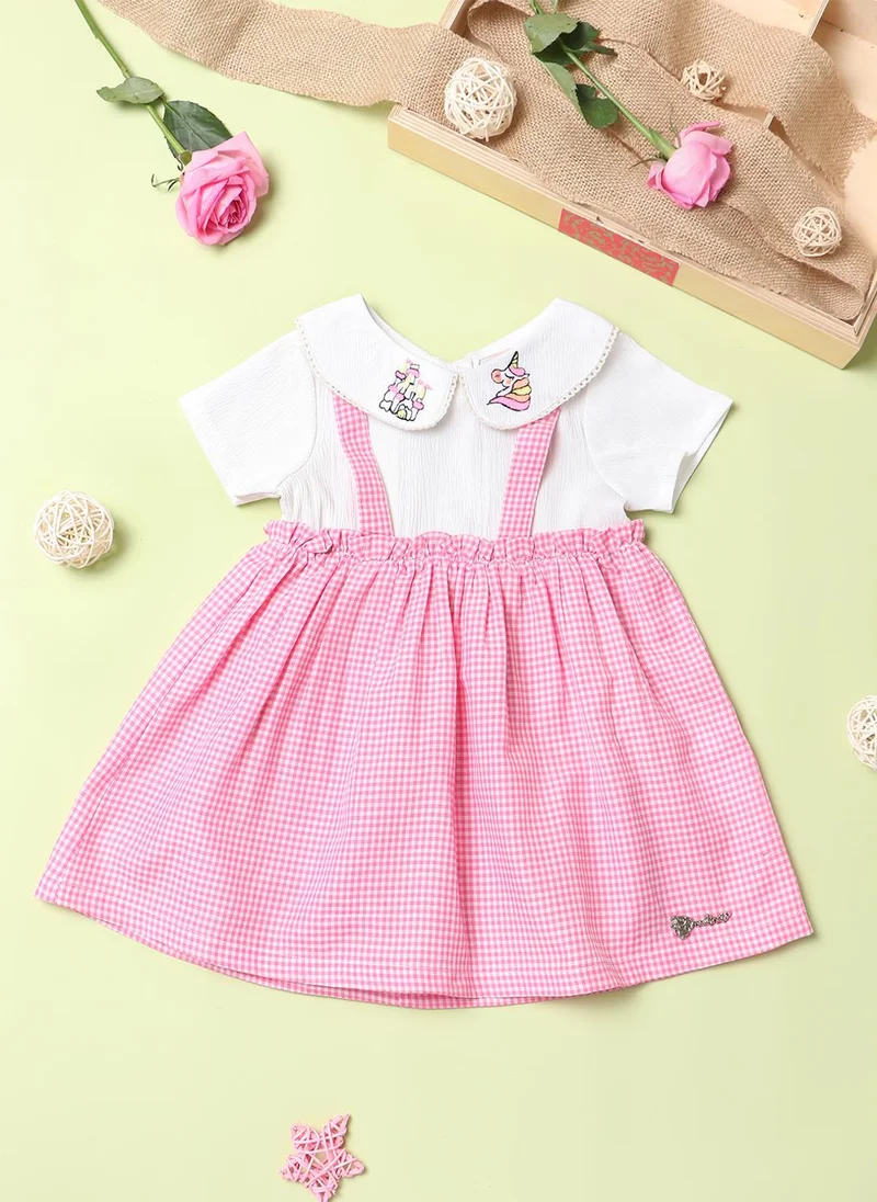 نوتيناتي فستان بناتي قطن % كاروهات بحمالات وبلوزة بيضاء سادة وتطريز وحيد القرن